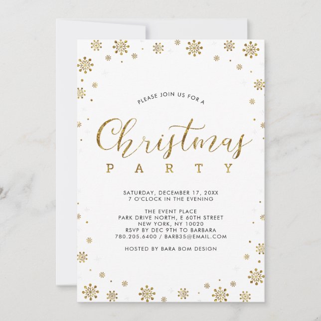 Gold | Modern Snowflakes Christmas Dinner Party Invitation (Front)