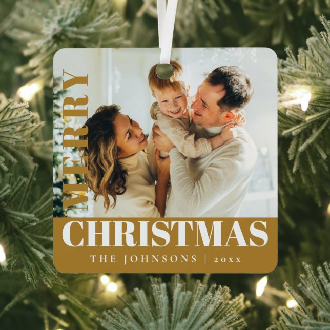 Gold Modern Stylish Merry Christmas Family Photo Metal Ornament (Insitu)