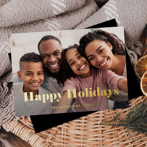 Gold Modern Text and Photo  Happy Holidays Foil Holiday Card