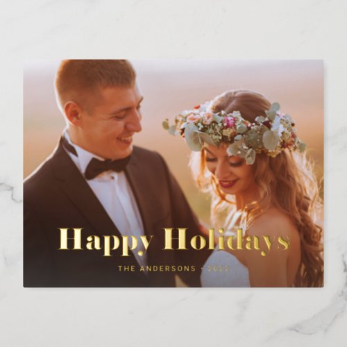 Gold Modern Text and Photo  Happy Holidays Foil Holiday Postcard