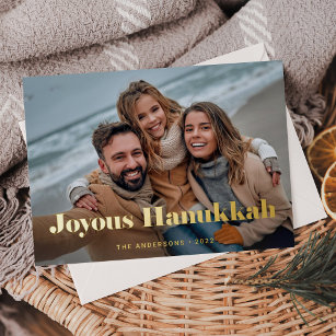 Gold Modern Text and Photo   Joyous Hanukkah Foil Holiday Card