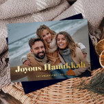 Gold Modern Text and Photo | Joyous Hanukkah Foil Holiday Card<br><div class="desc">This simple and stylish holiday card says "Joyous Hanukkah" in bold,  gold foil elegant modern typography with your favorite personal photo across the front of the card. The back of the card is a dark blue color.</div>