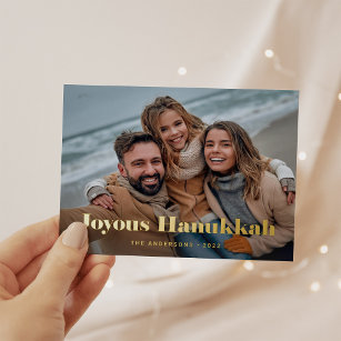 Gold Modern Text and Photo   Joyous Hanukkah Foil Holiday Postcard