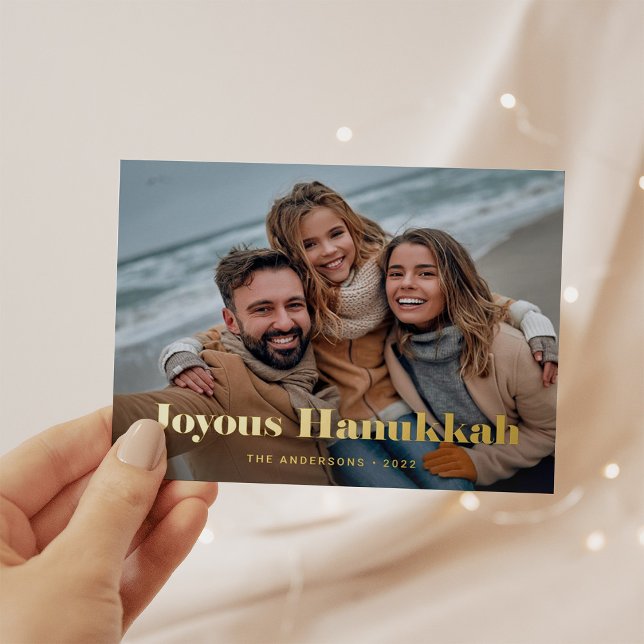 Gold Modern Text and Photo | Joyous Hanukkah Foil Holiday Postcard (Creator Uploaded)
