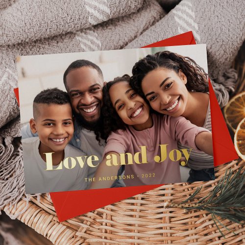 Gold Modern Text and Photo  Love and Joy Foil Holiday Card