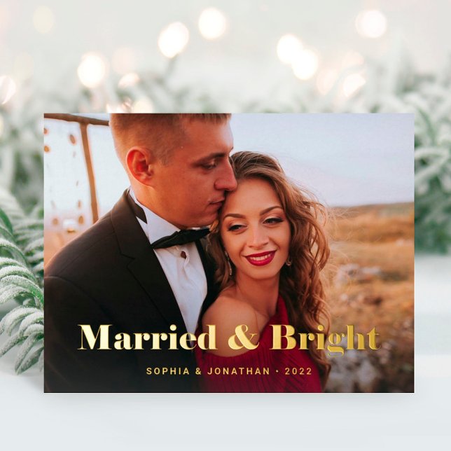 Gold Modern Text and Photo | Married and Bright Foil Holiday Postcard (Creator Uploaded)