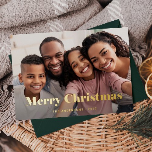 Gold Modern Text and Photo  Merry Christmas Foil Holiday Card