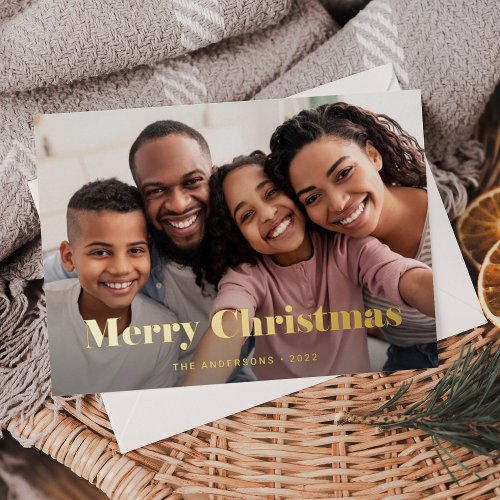 Gold Modern Text and Photo  Merry Christmas Foil Holiday Card