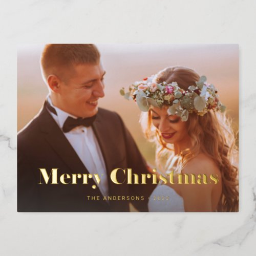 Gold Modern Text and Photo  Merry Christmas Foil Holiday Postcard