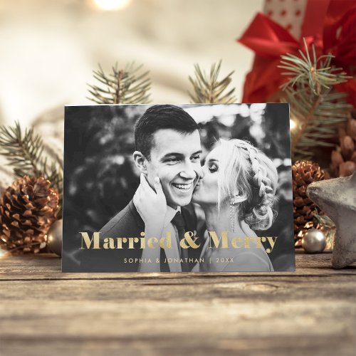 Gold Modern Text Two Photo  Married and Merry Holiday Card