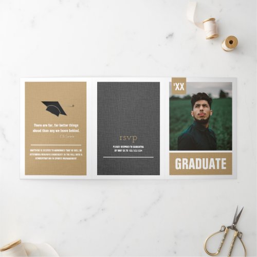 Gold Modern Textured Photo Graduation Tri_Fold Invitation