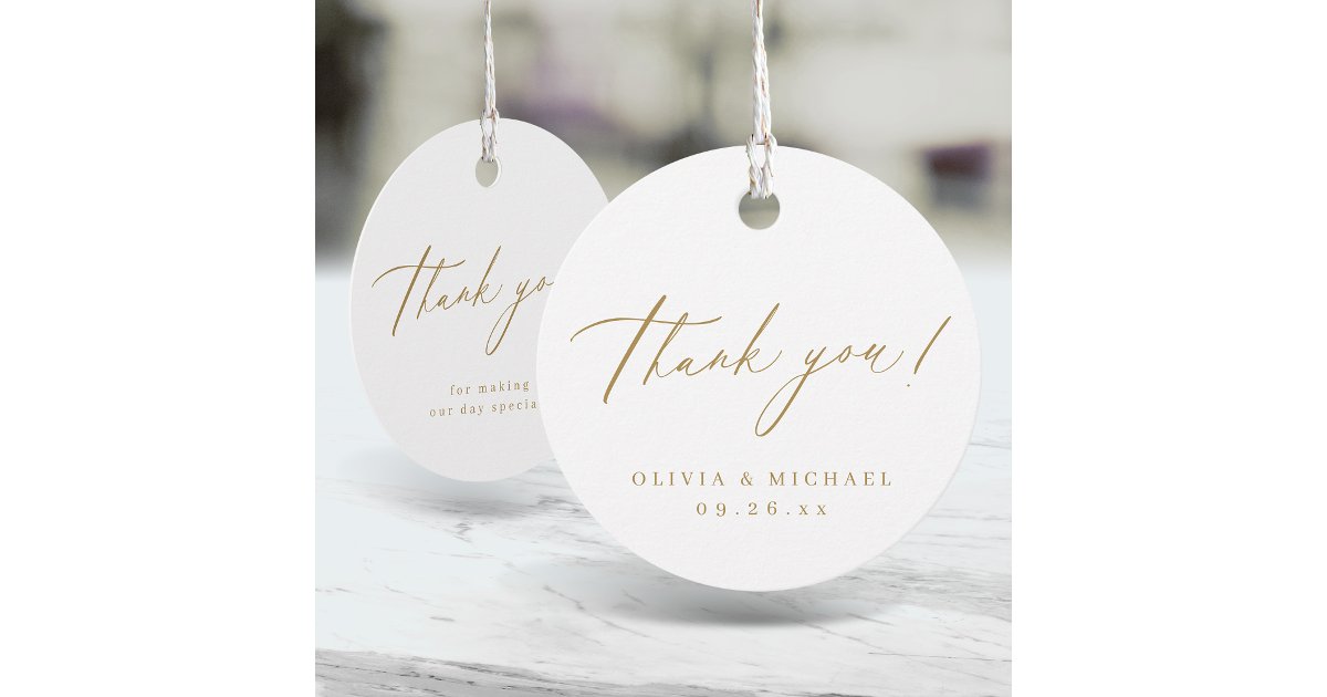Gold modern thank you script minimalist wedding fa favor tags | Zazzle