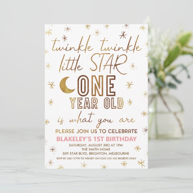 Gold Modern Twinkle Twinkle Little Star Birthday  Invitation (Standing Front)