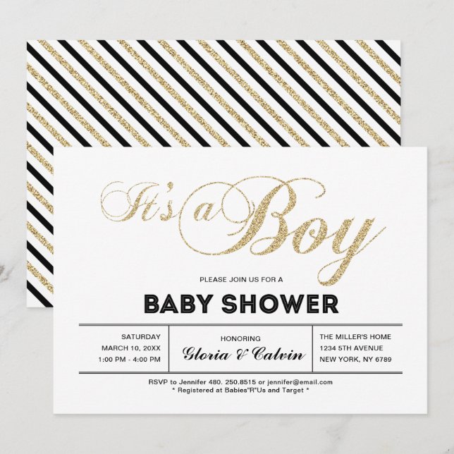 Gold | Modern Typography It's a Boy Baby Shower Invitation (Front/Back)