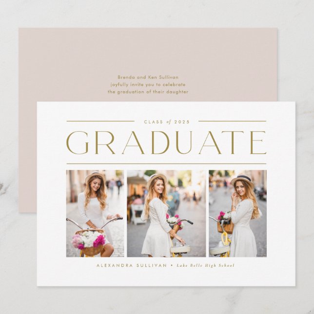 Gold Modern Typography Photo Collage Graduation Invitation (Front/Back)