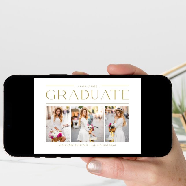 Gold Modern Typography Three Photo Graduation Announcement (Front Digital)