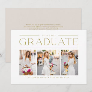 Gold Modern Typography Three Photo Graduation Announcement