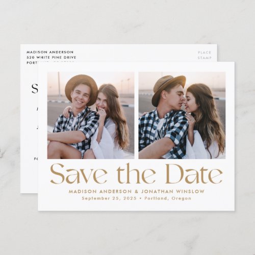 Gold Modern Vintage Lettering Photo Save the Date Announcement Postcard