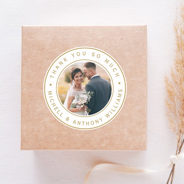 Gold Modern Wedding Photo Thank You Classic Round Sticker (Creator Uploaded)