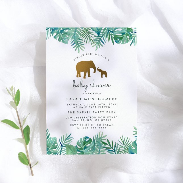 Gold Mom & Baby Elephant Jungle Leaves Baby Shower Invitation (Creator Uploaded)