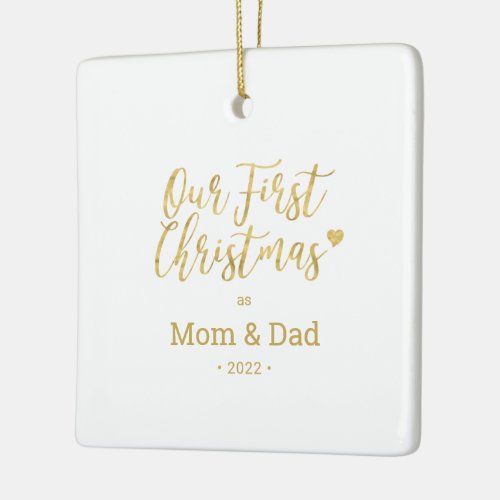 Gold Mom  Dad Parents First Christmas Photo Ceramic Ornament