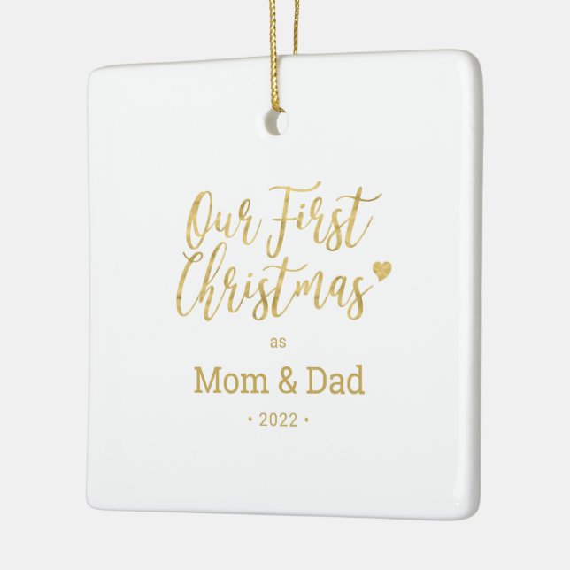 Gold Mom & Dad Parents First Christmas Photo Ceramic Ornament (Left)