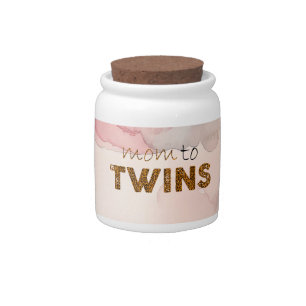 Gold Mom to Twins on Pink Watercolor Abstract Candy Jar
