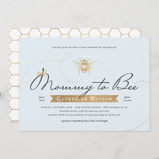 Gold Mommy to Bee Baby Shower Blue Invitation (Front/Back)