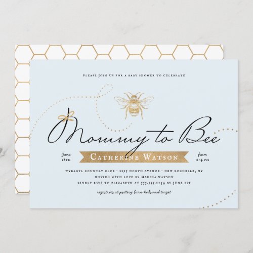 Gold Mommy to Bee Baby Shower Blue Invitation