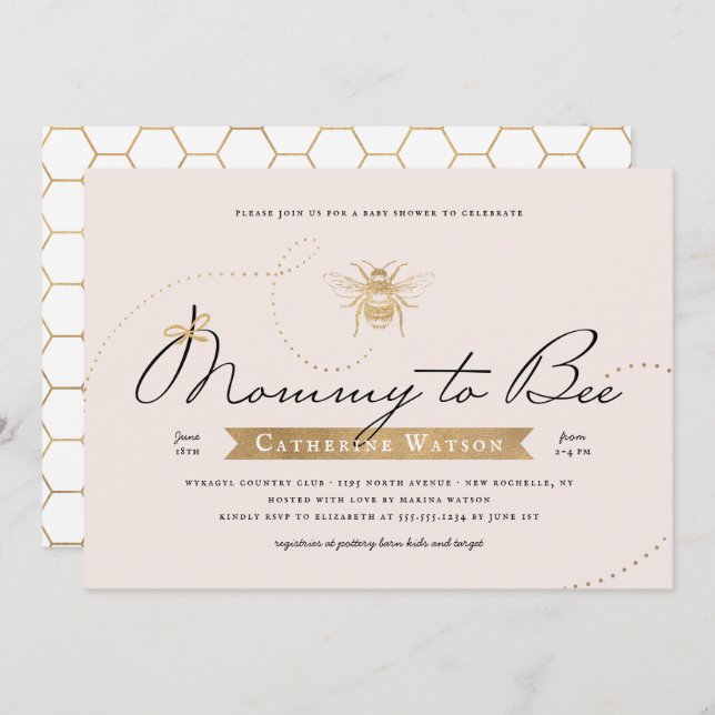 Gold Mommy to Bee Baby Shower Pink Blush Invitation (Front/Back)