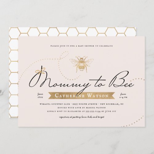 Gold Mommy to Bee Baby Shower Pink Blush Invitation