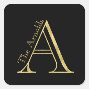 Gold Monogram A and Name on Any Color Square Sticker