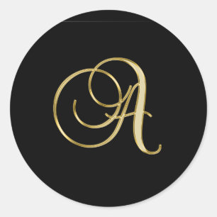 Gold monogram A Black-black, Classic Round Sticker