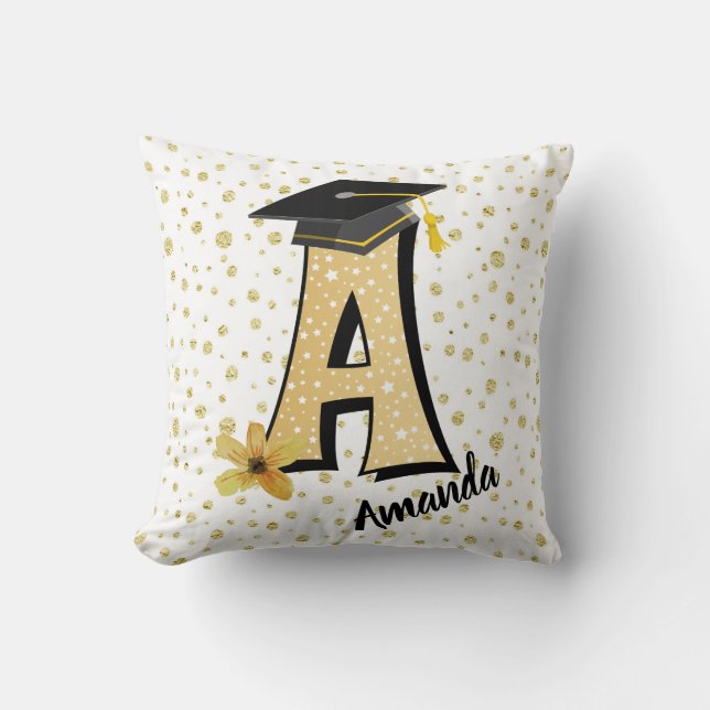 Gold Monogram A Graduation Pillow Gift. (Front)