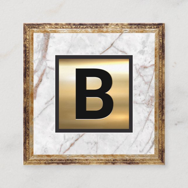 Gold Monogram | Antique Frame | White Marble Square Business Card (Front)