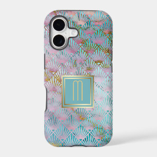 Gold Monogram Aqua Blue Art Deco Pattern iPhone 17 Case