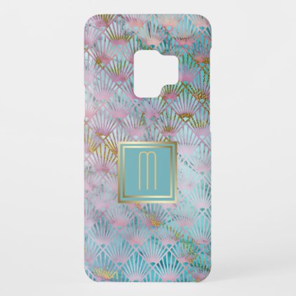 Gold Monogram Aqua Blue Art Deco Pattern Case-Mate Samsung Galaxy S9 Case