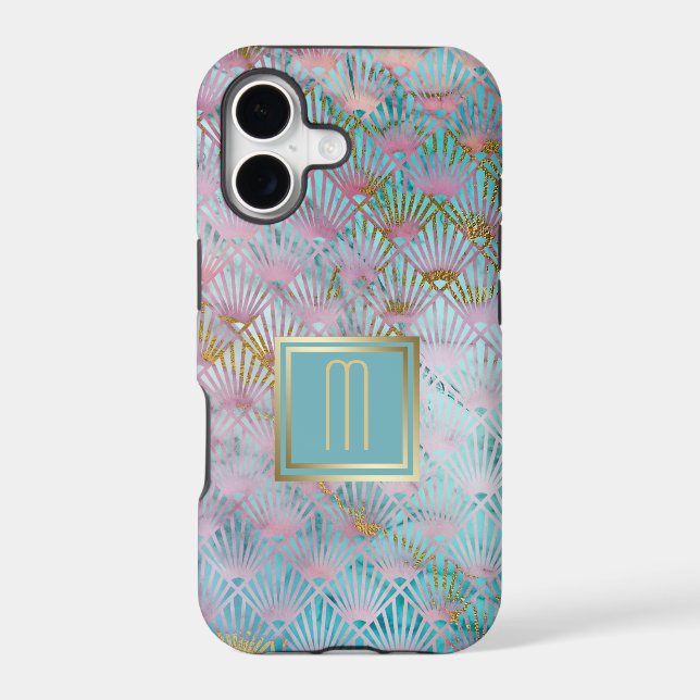 Gold Monogram Aqua Blue Art Deco Pattern Iphone Case (Back)