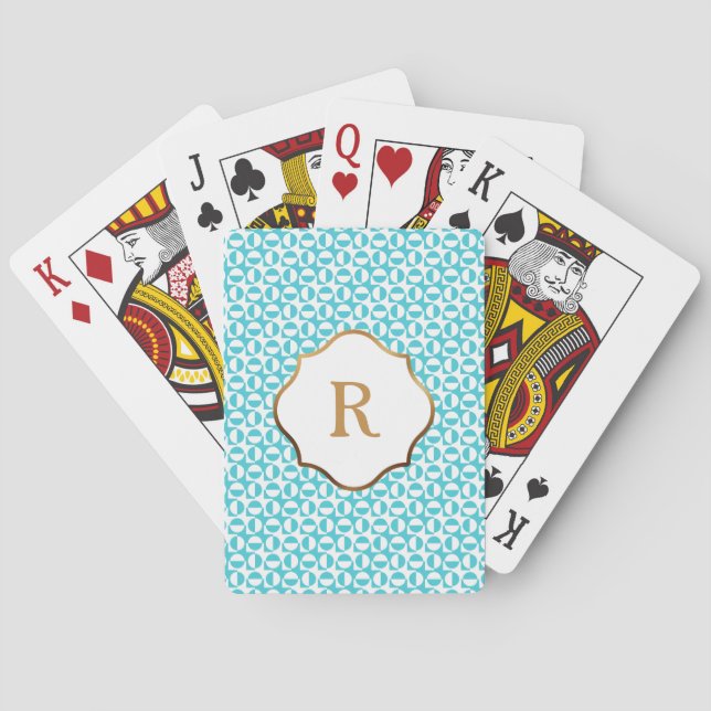 Gold Monogram Aqua & White Diagonal Retro Pattern Poker Cards (Back)