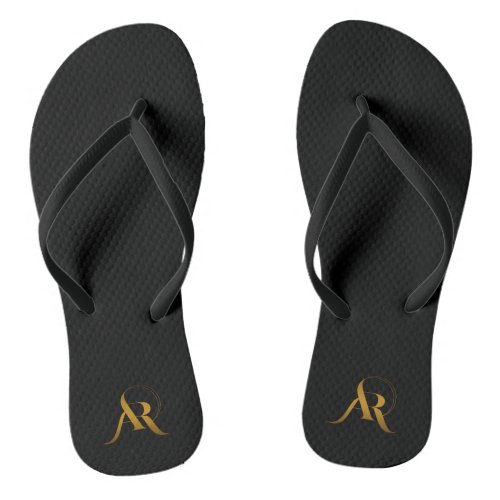 Gold Monogram AR Logo Black Background Flip Flops