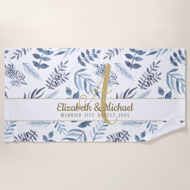 Gold Monogram Azure Blue Botanical Leaves Wedding Beach Towel (Front)