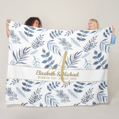 Gold Monogram Azure Blue Botanical Leaves Wedding Fleece Blanket