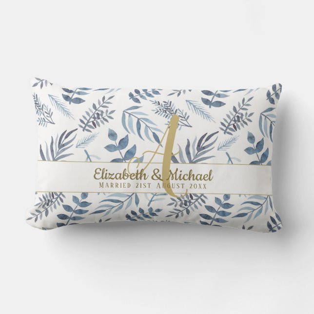 Gold Monogram Azure Blue Botanical Leaves Wedding Lumbar Pillow (Front)