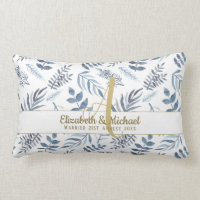 Gold Monogram Azure Blue Botanical Leaves Wedding Lumbar Pillow