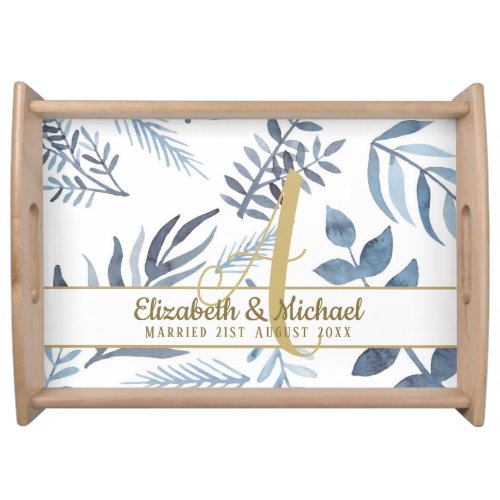 Gold Monogram Azure Blue Botanical Leaves Wedding Serving Tray