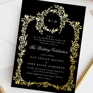 Gold Monogram Black Crest Classic Wedding Foil Invitation