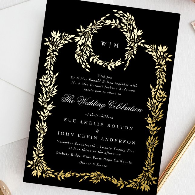 Gold Monogram Black Crest Classic Wedding Foil Invitation (Creator Uploaded)