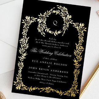 Gold Monogram Black Crest Classic Wedding Foil Invitation