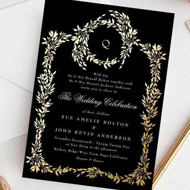 Gold Monogram Black Crest Classic Wedding Foil Invitation (Creator Uploaded)