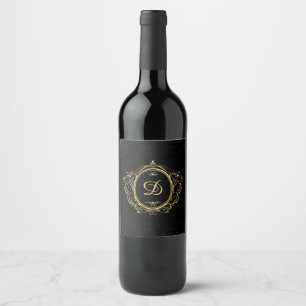 Gold monogram black damask background wine label